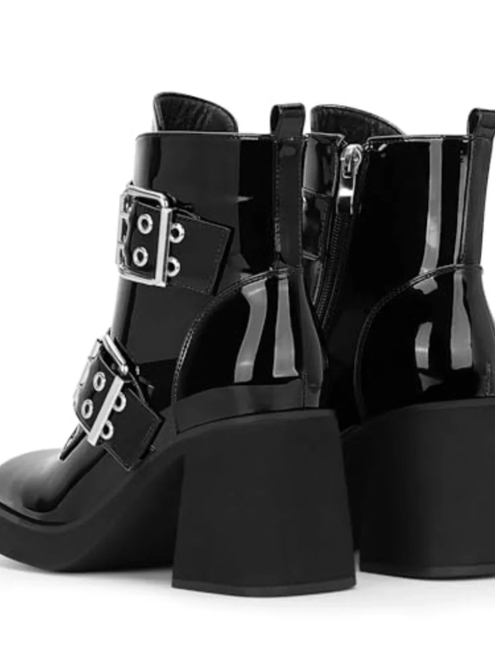 Patent Leather Chunky Heel Buckle Ankle Boots Side Zipper Platform Booties